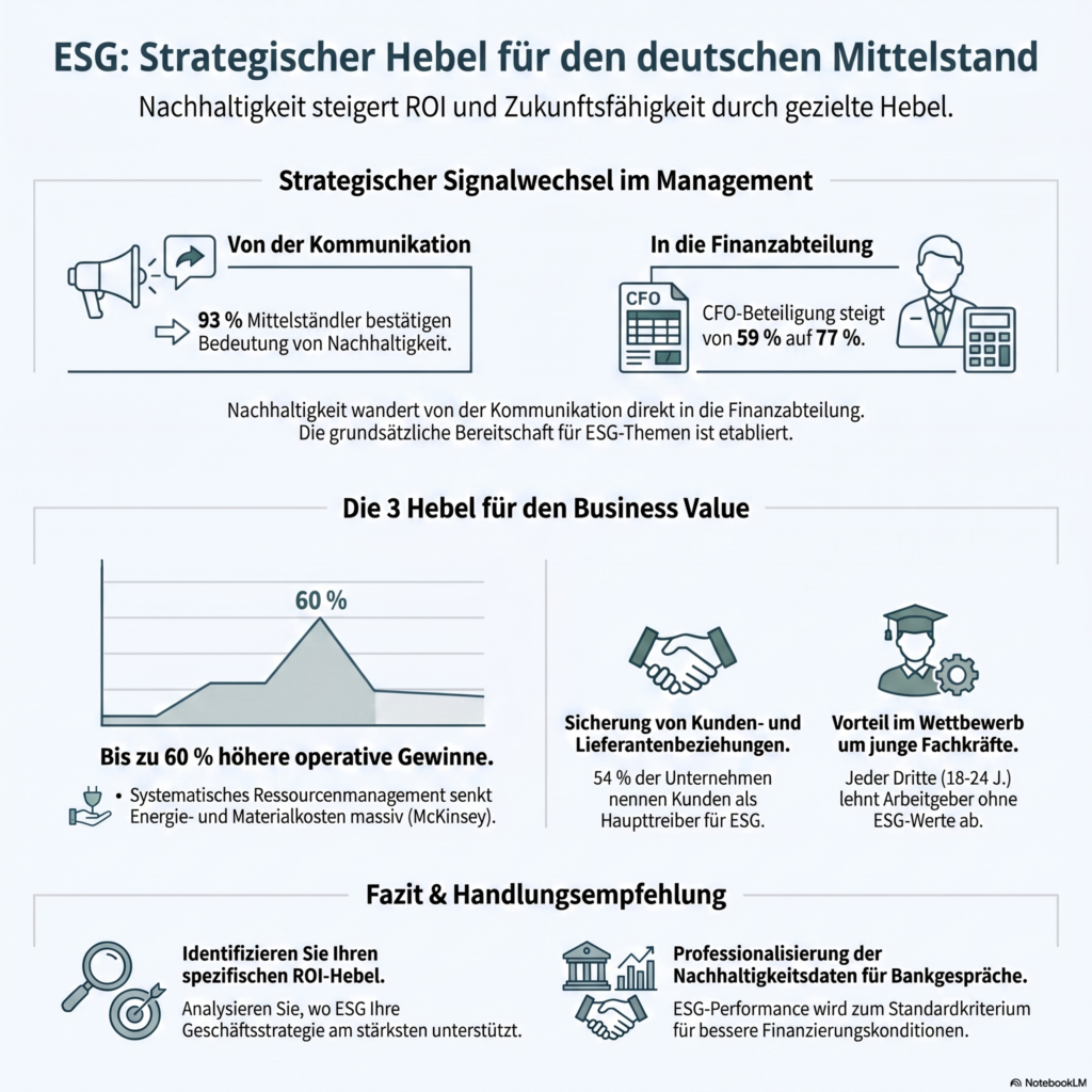 Die aktuelle Studienlage ist eindeutig: Unternehmen, die Nachhaltigkeit strategisch verankern, erzielen messbare finanzielle Vorteile. Der CDP Corporate Health Check 2026 zeigt, dass Vorreiter ihre Emissionen viermal schneller senken und dabei wirtschaftliche Potenziale im Umfang von 218 Milliarden US-Dollar erschlossen haben. Morgan Stanley berichtet, dass 88 Prozent der befragten Unternehmen Nachhaltigkeit als Wertschöpfungschance sehen. Und 65 Prozent der deutschen Mittelständler nennen Effizienzgewinne und Kosteneinsparungen als wichtigsten Treiber für ihre Nachhaltigkeitsaktivitäten. Die zentrale Erkenntnis: Der ROI entsteht nicht durch Nachhaltigkeit um der Nachhaltigkeit willen, sondern dann, wenn der richtige Hebel im eigenen Unternehmen identifiziert wird. Aber: Dieser Hebelpunkt variiert je nach Branche, Geschäftsmodell und Wertschöpfungsstruktur. Also kein "one size fits most", sondern eine individuelle Herangehensweise für jedes einzelne Unternehmen.