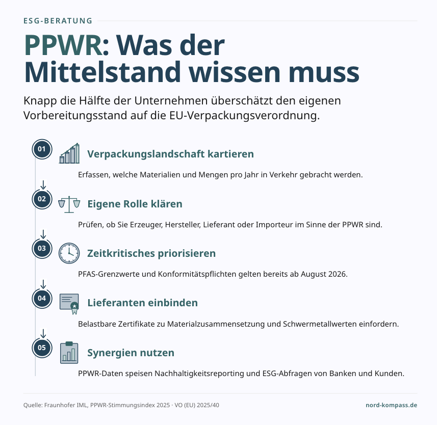 Die EU-Verpackungsverordnung (PPWR, VO 2025/40) gilt ab August 2026 unmittelbar in allen Mitgliedstaaten und betrifft jeden Wirtschaftsakteur, der Verpackungen herstellt, befüllt, importiert oder vertreibt. Laut Fraunhofer IML überschätzt knapp die Hälfte der Unternehmen den eigenen Vorbereitungsstand: Die Selbsteinschätzung liegt bei 51 Prozent, der tatsächliche Umsetzungsgrad bei 42 Prozent. (3, Ergebnis der Fraunhofer Studie) Für den Mittelstand bedeutet das: neue Pflichten bei Stoffbeschränkungen, Recyclingfähigkeit, Rezyklatanteilen, Kennzeichnung und erweiterte Herstellerverantwortung, gestaffelt bis 2040. Die Verordnung ist kein isoliertes Verpackungsthema, sondern Teil eines breiteren Musters: Nachhaltigkeitsdaten werden entlang der Lieferkette zur Geschäftsgrundlage. Wer die eigene Verpackungslandschaft bereits jetzt gut analysiert, gewinnt Handlungsspielraum.